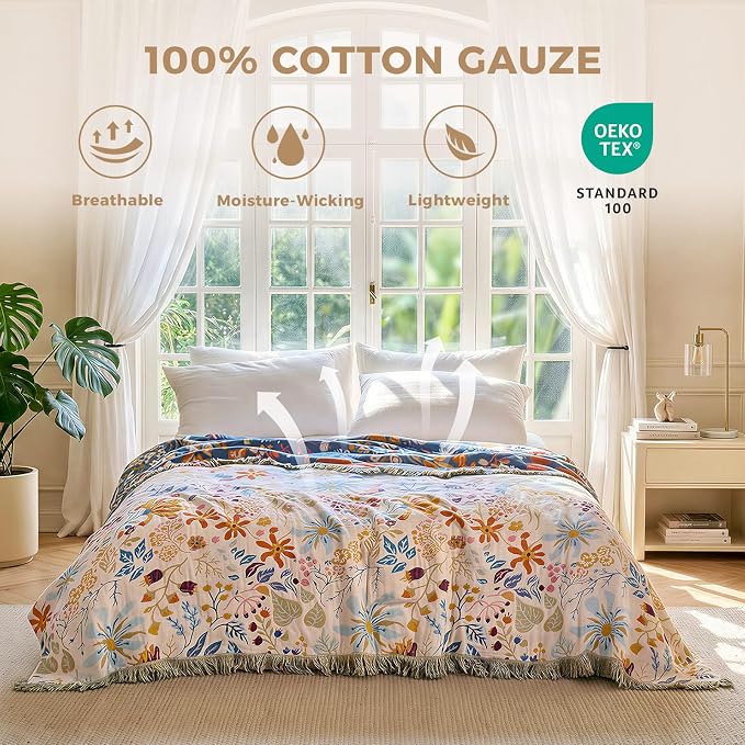 LUTBM Boho Throw Blanket for Bed 60"x80", All Season Cotton Couch Blankets | Reversible Floral Leaves Jacquard, All-Season Twin Lightweight Breathable Quilt, For Chair Sofa Bedroom Living Room