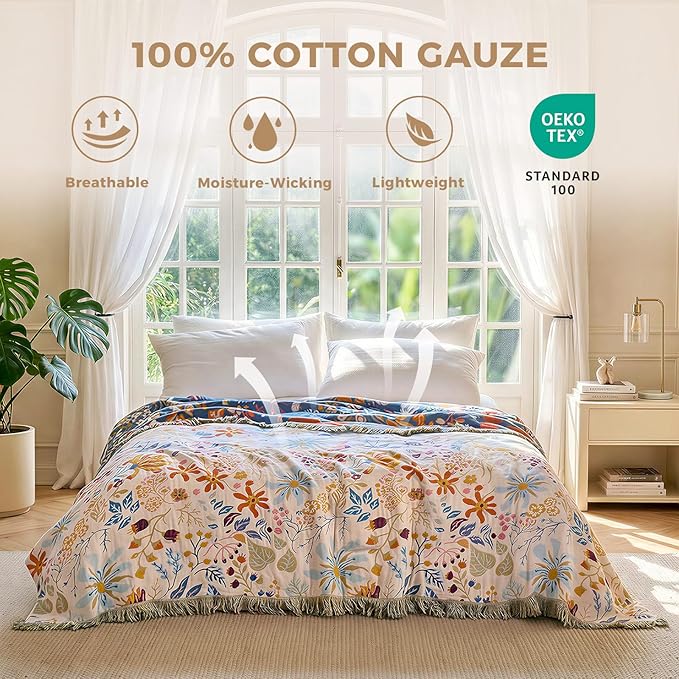 LUTBM Boho Throw Blanket for Couch 50"x60", Cotton Decorative Bed Throws | Reversible Floral Leaves Jacquard, All-Season Lightweight Soft Blanket, For Chair Sofa Bedroom Living Room Decor, Accent Gift