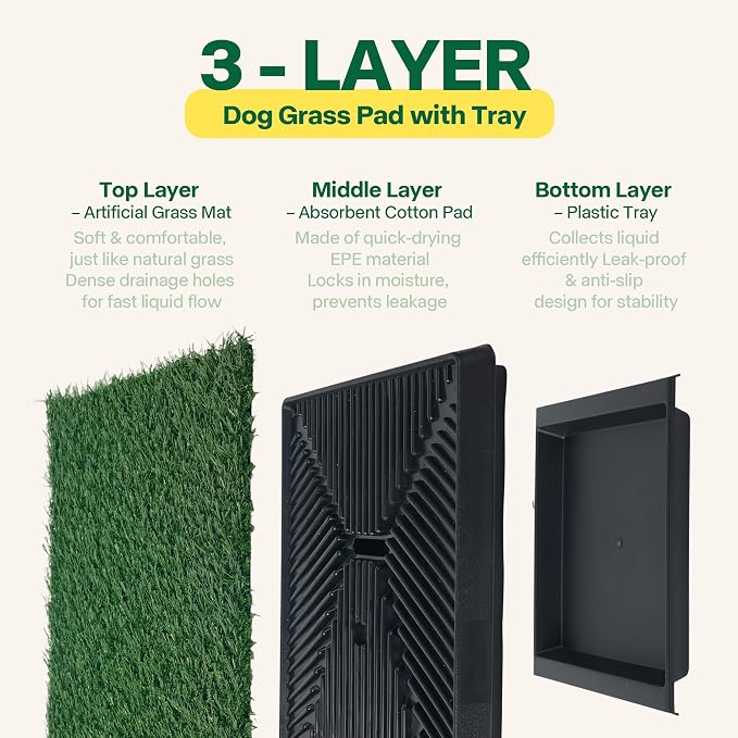 Pawise Dog Grass Pad with Tray, Artificial Turf PuppyPorch Potty Pad,20x25 | Indoor outdoor potty training, includes free garbage bags, 20x25 inches