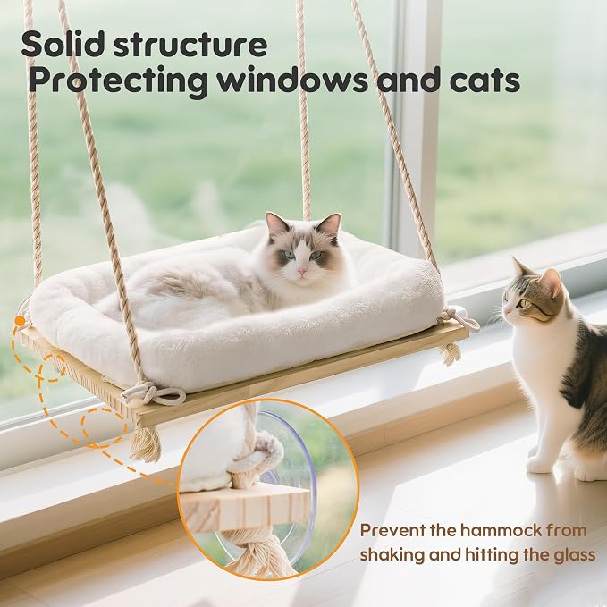 Cat Window Perch Hammock with Solid Wood Seat & Plush Cushion | 4 heavy-duty suction cups, comfortable indoor cat bed & perch, sturdy wooden window seat, space-saving cat hammock