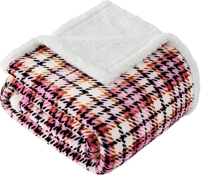 Sherpa Plaid Throw Blanket, 60" X 70" Fuzzy Fluffy Cozy Soft Blanket, Fleece Flannel Plush Twin Size Microfiber Blanket for Couch Bed Sofa, Black&Pink