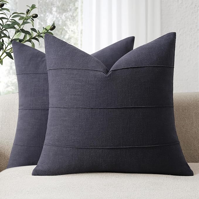 Decorative Linen Throw Pillow Covers 24x24 Set of 2 Solid Handcrafted Striped Cushion Covers for Bed Soft Modern Farmhouse Neutral Pillowcase for Couch Bedroom Living Room Home Decor(Dark Navy)