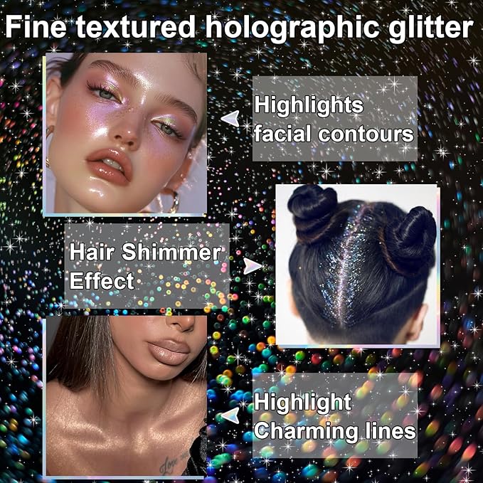 Hair and Body Glitter Spray, Temporary Shiny Hairspray for Face, Hair, Clothing, Holographic Shiny Glitter Long-Lasting Quick-Drying for Festival Prom Rave Accessories (Rainy-Rainbow, 2.11OZ)