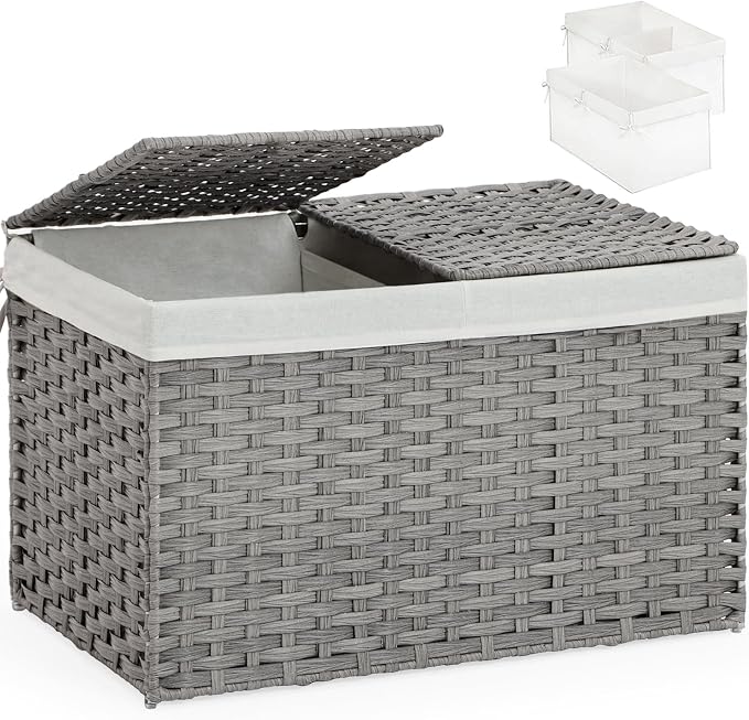 SETVSON Storage Basket with Lid Wicker Baskets for Storage, 160L Gray | Dual Lid Jumbo Blanket Storage Trunk, Divided Clothes Organizer, 2 Washable Liner Bags, Collapsible PE Rattan Bin