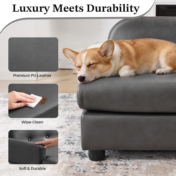 Luxury Dog Sofa Bed Elevated Pet Couch with Durable Waterproof Leather | Dog Couch with Orthopedic Sponge, Modern Furniture Style Dog Lounge & Pet Bedside Step, for Medium/Large Dogs, Gray