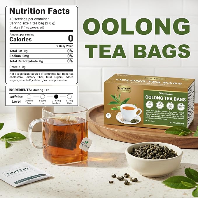 LeafLea Oolong Tea Bags, 100% Pure Leaves, Smooth Toasted Notes, Sugar-Free | 40 Te Oolong Bags, Whole Camellia Sinensis Leaves, Golden Amber Cup, Light Roast Aroma, Caffeinated, Individually Wrapped