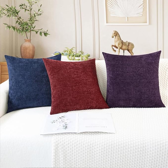 CaliTime Decorative Couch Throw Pillow Covers 20 X 20 Inches Plum Purple | Pack of 2, Cozy Chenille Cushion Cases for Sofa Bed Living Room Farmhouse Home