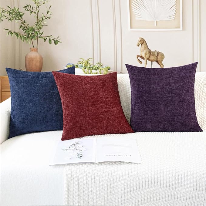 CaliTime Decorative Couch Throw Pillow Covers 16 X 16 Inches Plum Purple | Pack of 2, Cozy Chenille Cushion Cases for Sofa Bed Living Room Farmhouse Home