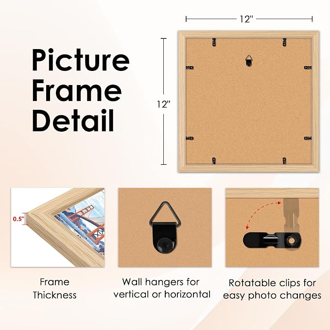 12x12 Picture Frame Natural Set of 2, Photo Frame with HD Plexiglass, Display Pictures 8x8 with Mat or 11x17 Without Mat, Gold Picture Frames Collage Wall Decor, Gallary Wall Frame