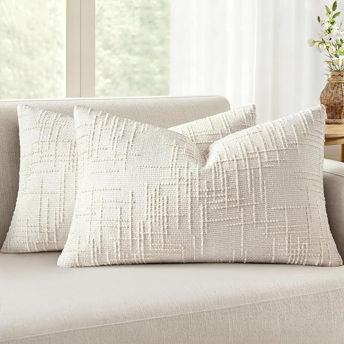 MIULEE Chenille Textured Lumbar Throw Pillow Covers Cream White 12x20 | Set of 2, Slubby Decorative Pillows, Boho Farmhouse Home Decor, Modern Neutral Cushion Covers for Couch Sofa Bed Living Room
