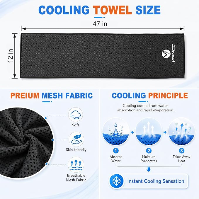 YQXCC 2 Pack Cooling Towels (47"x12"), Ice Cool Neck Towel, Soft Breathable Microfiber for Yoga, Golf, Gym, Running, Camping & Hot Weather