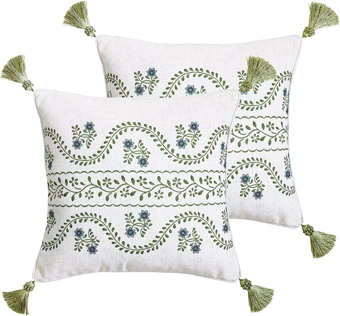 Designer Linen Throw Pillow Cover,Set of 2,18"x18"-Mosella D | Vintage Elegant Square Decor Pillow Cover,Concealed Zipper Design,Floral Pattern,Sofa,Bedroom,Living Room,Lounge Chairs