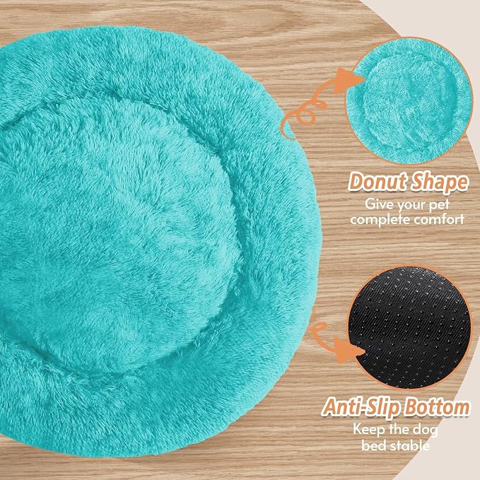 JOLLYVOGUE Calming Dog Bed Medium Size Dog, 31in Donut Washable Medium Pet Bed, Anti-Slip & Anti-Anxiety Fluffy Faux Fur Round Dogs Bed, Fits up to 45 lbs Pets (Aqua Blue)