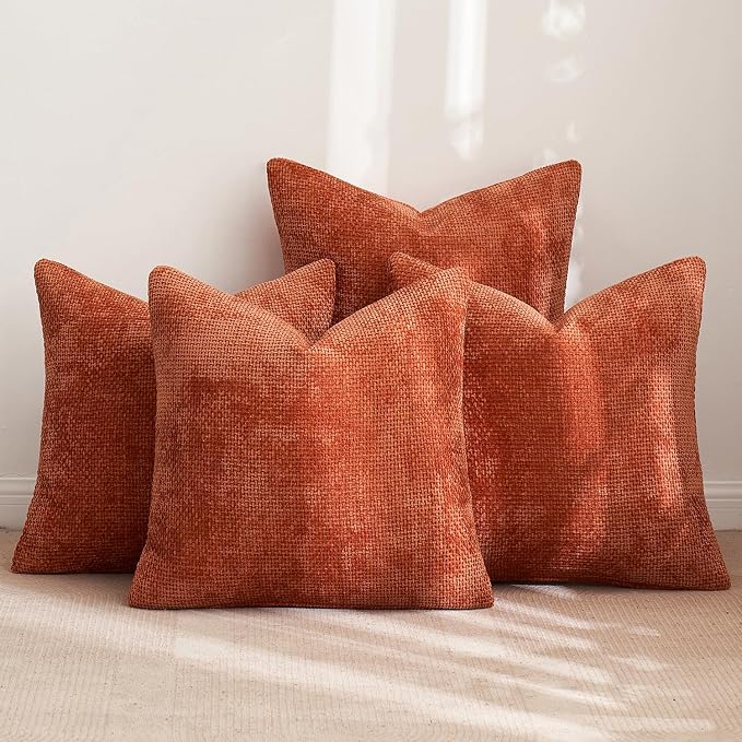 MIULEE Decorative Chenille Fall Pillow Covers Burnt Orange 18x18 Pack of 4 | Fall Home Decor, All Same Color Set, Couch Throw Pillows, Farmhouse Boho Cushion Covers for Sofa Bed Living Room