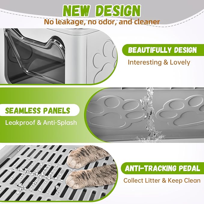 Covered Cat Litter Box, Extra Large Drawer Design with Dual Entry,Pale Grey | 13L litter capacity, adjustable door, leakproof structure, cleaning accessories, complimentary cat litter mat