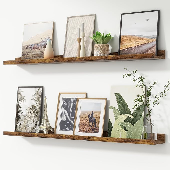 Picture Ledge Shelf, Floating Shelves for Wall, 44" W Set of 2, Brown | FSC Certified Engineered Wood, Wall Mounted Bookshelf, for Nursery Living Room Bedroom, Pre-Drilled, Easy Install