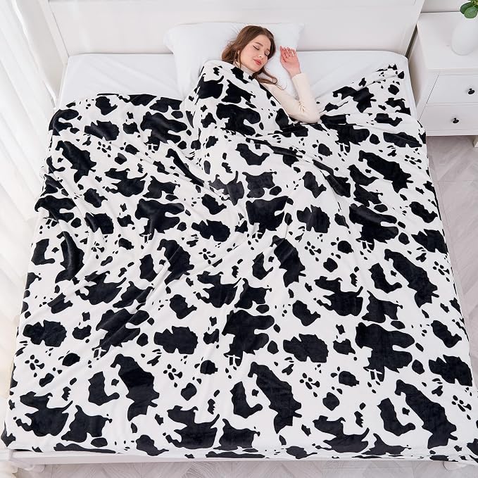 Viviland Fleece Blankets Queen Size Cow Print - 280GSM Lightweight Soft Fuzzy Cozy Plush Queen Blanket for Bed, 90x90 inches