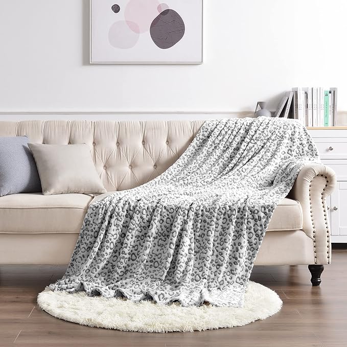 PLEASANT BOULEVARD | Leopard Throw Blanket Fleece, Premium Lightweight Cozy Warm Plush Microfiber Bedspread for Couch Sofa and Bed (Gray, King (108 x 90 inches))