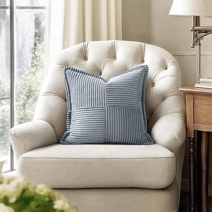 MIULEE Decorative Throw Pillow Covers for Couch 16x16 Inch Dustyblue 2 Pack | Boho Broadside Striped Patchwork Pillow Covers, Soft Corduroy Cushion Cases, For Sofa Bed Livingroom Home Decor