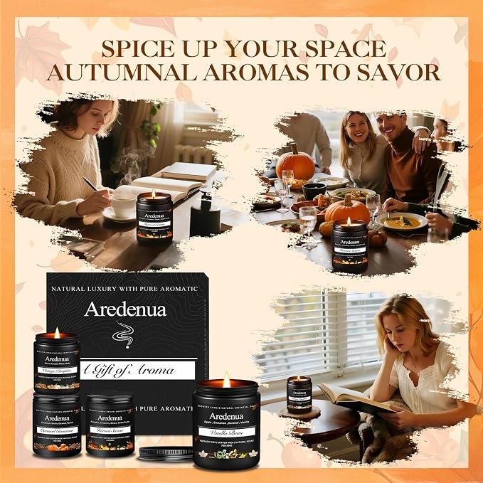 Fall Candles Set – 4pack Autumn Candle Scent of Cinnamon, Vanilla Bean, Harvest Season & Pumpkin - Seasonal Holiday Candles Gift, 28oz Soy Candle for Halloween Home Décor & Cozy Gifting