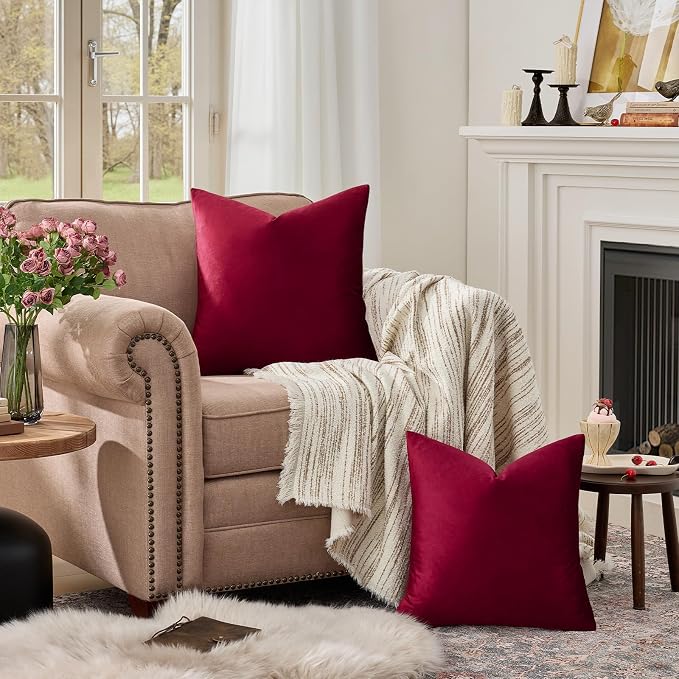 GIGIZAZA Burgundy Velvet Pillow Covers 20x20 Decorative Pillows Pack of 2 | Red Throw Pillows for Couch Sofa,280gsm Soft Textured Fabric,Modern Square Pillowcases,Luxury Cushion Covers