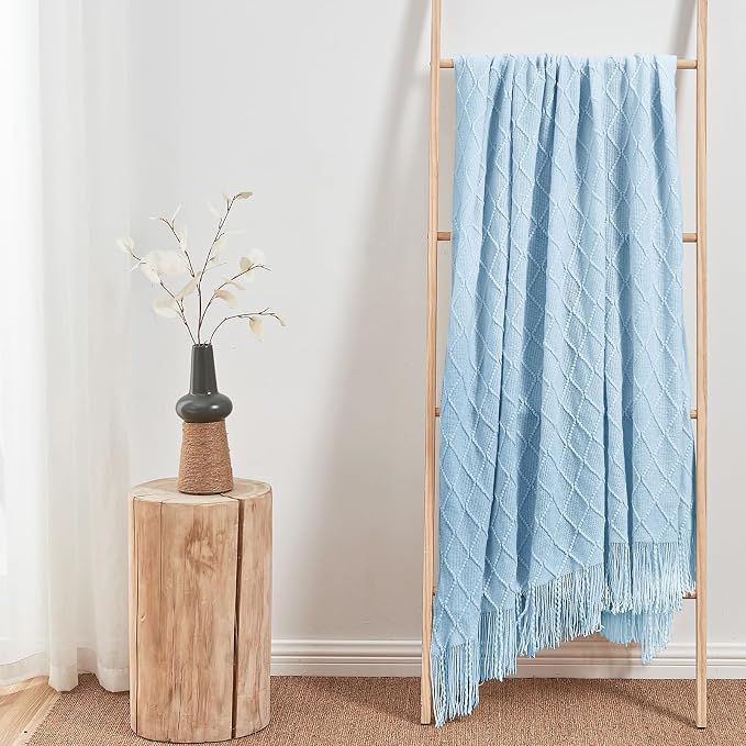 inhand Sky Blue Knitted Throw Blanket for Couch and Bed, 50"x60" | Soft Living Room Home Decor Knitted Blanket with Tassel, Outdoor Lightweight Breathable , Farmhouse Warm Woven Decorative