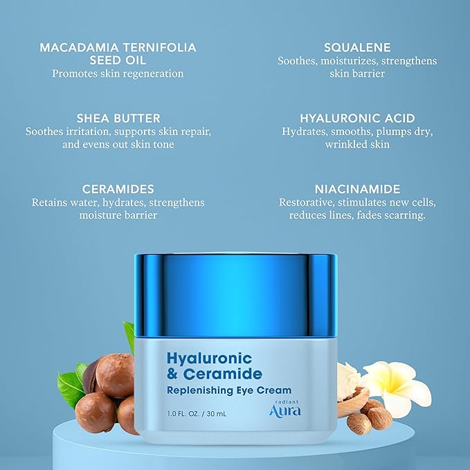 Hyaluronic Acid & Ceramide Eye Cream For Dark Circles - Dermatologist Tested, Anti Aging Korean Skin Care - Deep Hydration & Depuffing Eye Treatment - Vegan, Clean Beauty - 1.0 Fl Oz