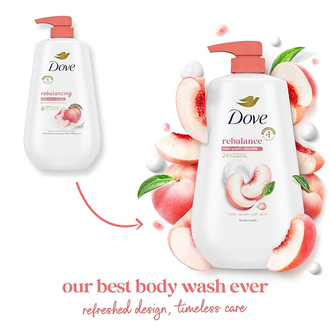 Dove Body Wash Rebalance White Peach & Rice Milk For 24hr Lotion-Soft Skin Moisturizing Skin Cleanser with No Sulfates No Parabens 30.6 oz (Pack of 3)