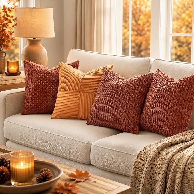 MIULEE Fall Corduroy Decorative Throw Pillow Covers 12x12 Rust Pack of 2 | Terracotta Soft Boho Striped Pillow Covers Modern Farmhouse Autumn Home Decor For Sofa Living Room Couch Bed