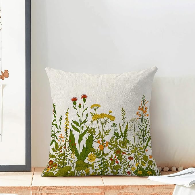 AEIOAE Yellow and Green Pillow Covers 18x18 Inch Set of 2, Spring Wildflower Plant Throw Pillows Case,Seasonal Floral Outdoor Decorative Flowers Farmhouse Decor Cushion Covers for Home Sofa Bed Couch