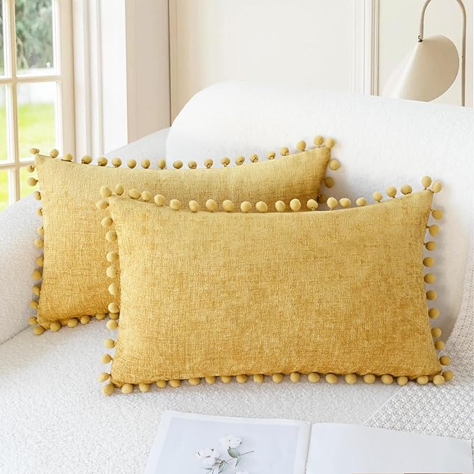 CaliTime Decorative Couch Throw Pillow Covers 20 X 12 Inches Gold | Pack of 2, Cozy Chenille Cushion Cases, with Pom Poms for Sofa Bed Living Room Farmhouse Home