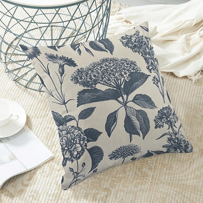 Floral Pillow Covers 20x20 Set of 2 Vintage Blue Hydrangea Herbs Botanical Throw Pillow Cover Outdoor Decoration Boho Flower Pillowcase Farmhouse Decorative Linen Cushion Case for Home Couch