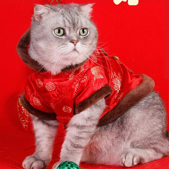 SEIS New Year Cat Knot Buttons Coat Dogs Cheongsam Winter Pet Clothes Vest Christmas Costume for Cats Teddy Bichon Small Medium Dogs (Brown, M (Chest Circumference 55cm/ 21.6"))