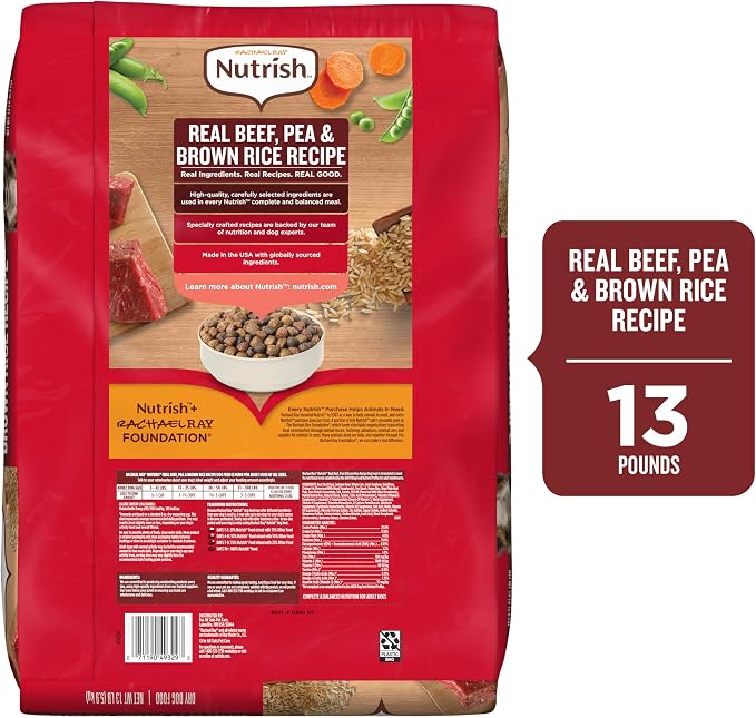 Nutrish Dry Dog Food, Beef, Pea & Brown Rice, 13 lb. Bag (Rachael Ray) | Complete & Balanced Nutrition for Adult Dogs, No Artificial Flavors, Veterinarian Reviewed Formula