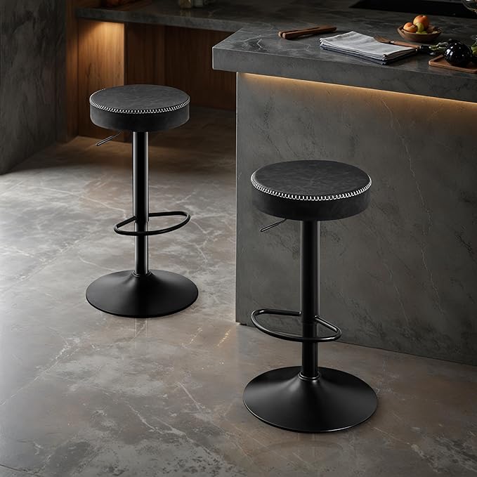 Swivel Bar Stools Set of 2 Black Microfiber Leather Counter Height Bar Stools with Round Seat Adjustable Backless Barstools Modern Tall Bar Chairs for Kitchen Island (24-33 Inch,330lbs)