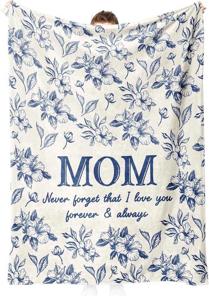 Gifts for Mom, Mom Birthday Gifts from Daughter Son, To My Mom Blanket | I Love You Mom Gifts for Birthday, Christmas, Mothers Day, Blanket for Mom with Hibiscus Flowers Print, 60" x 50", Blue