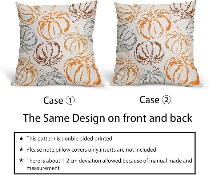 Fall Pillow Covers 24X24 Inch Set of 2 Burnt Orange Brown Grey Pumpkin Decorative Pillow Cases Autumn Harvest Thanksgiving Cotton Linen Cushion Case Holiday Home Decor For Sofa Bed Couch Outdoor