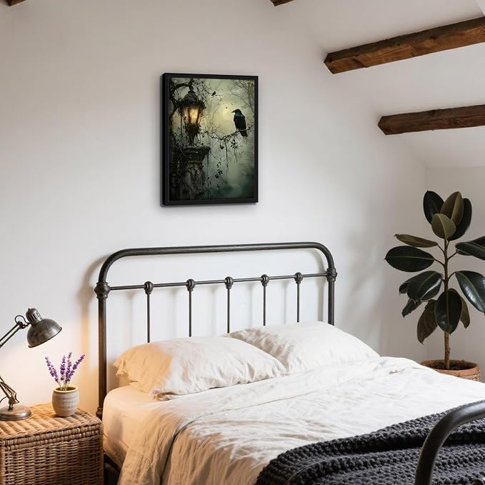 Gothic Decor Framed Wall Art, Vintage Dark Academia Canvas Prints, Horror Forest Crow Wall Decor for Living Room Bedroom Home Decor – Black Wooden Frame 16x24in