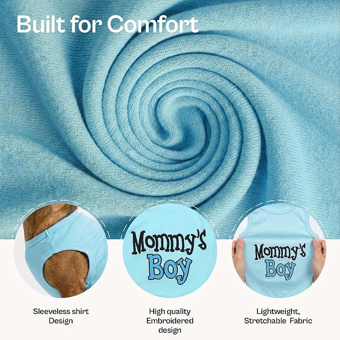 Parisian Pet Dog Shirt Mommy’s Boy Pet Shirt – 100% Cotton Shirts for Large Dogs – Blue Sleeveless Puppy Clothes – Lightweight and Breathable Dog Apparel – Boy Dogs Clothes - Stretchy Dog Shirt