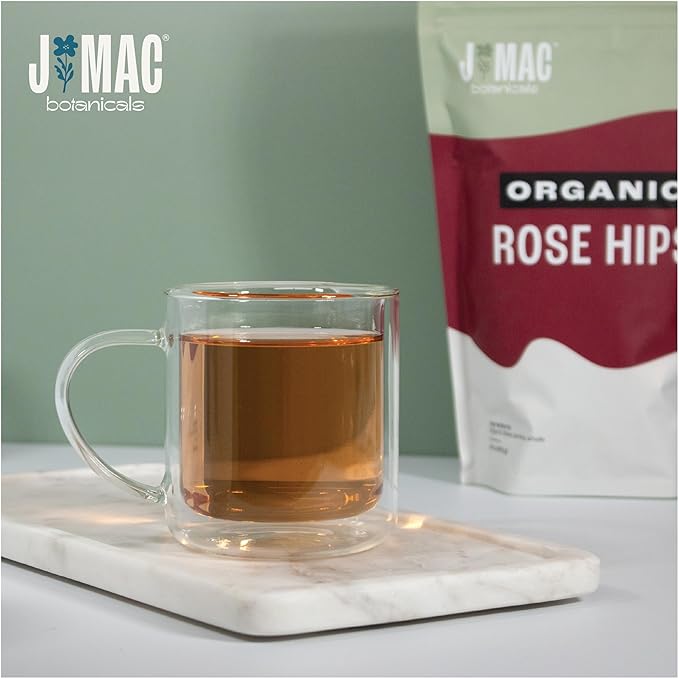 J MAC BOTANICALS Organic Rose Hips (8 oz Bag) Whole, natural dried rose hips for herbal tea, rosehips, rosehip tea, packaged in the USA