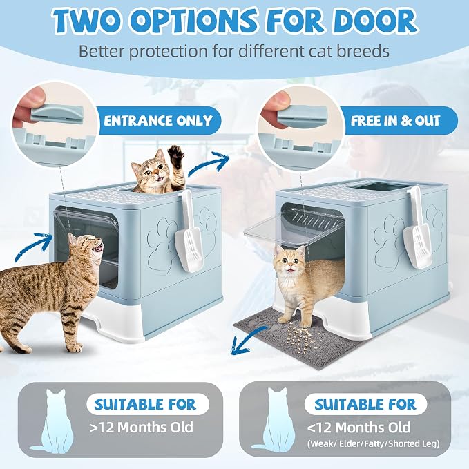 Covered Cat Litter Box, Extra Large Drawer Design with Dual Entry, Blue | 13L litter capacity, adjustable door, leakproof structure, cleaning accessories, complimentary cat litter mat