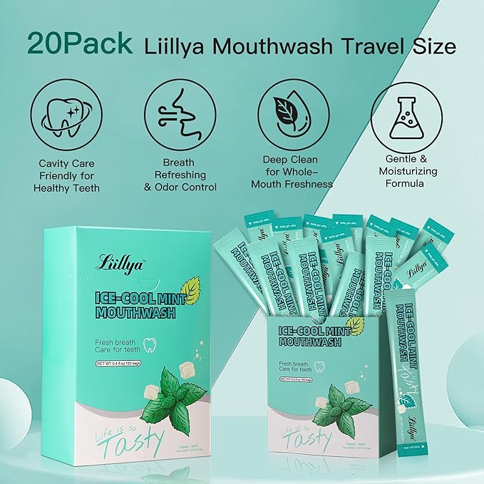Liillya Mouthwash Travel Size, Individual Mini Mouthwash Alcohol Free, Cool Mint for Fresh Breath, Oral Care, Teeth & Gum Health, TSA Compliant, Portable Packets to Go, 0.41 Fl Oz x 20 Packs