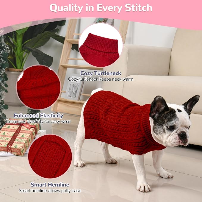 Dog Sweater 2 Pack for Medium Dogs, Size M, Pink & Red | Stretchy cable knit turtleneck, machine washable, high belly cut, comfy winter fit for French Bulldog, Pug