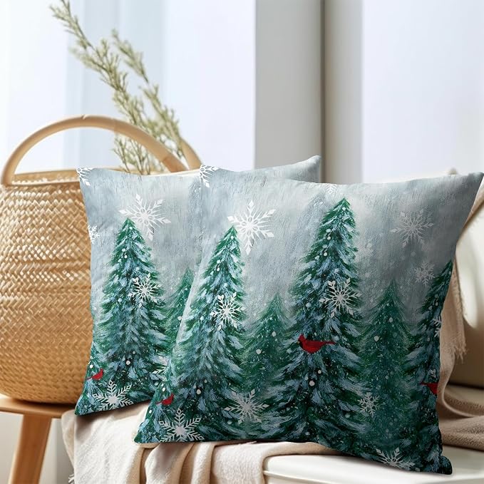 Kawani Winter Forest Throw Pillow Covers 22x22 Inches, Set of 2 Green Trees Birds Snow Woodlands Square Pillowcase Cotton Linen Cushion Covers for Couch Chair Sofa Bed Living Room Decor