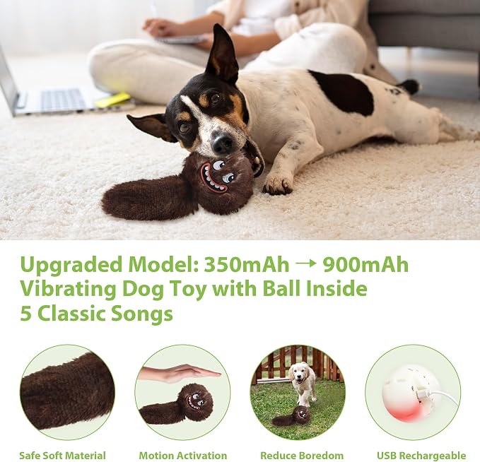PETGEEK Upgraded Vibrating Squeaky Dog Ball, Rechargeable 900mAh, Brown
