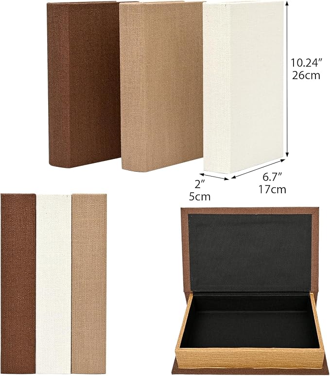 DECOR4SEASON Modern Linen and Wood Decorative Book Boxes, Set of 3 Earthy Neutral Faux Books for Bookshelf Decor, Coffee Table Storage Trays for Remotes & Jewelry, Brown, Taupe, and Off-White