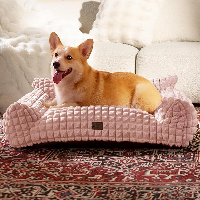 Cat Couch Bed with Fluffy Faux Rabbit Fur for Indoor Cats, 36 Inch | Cute Fuzzy Cat Sofa Recliner With Washable Cover, Suppportive Cozy Pets Couch in 3D Diamond Pattern, Pink