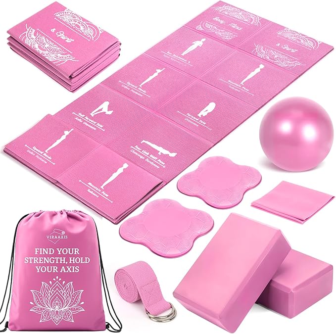 Foldable Yoga Mat and Blocks Set for Women with 2 Pack Yoga Blocks and Strap,Thin Non Slip Pilates Mat with Bag, Home Workout Equipment Essentials Starter Kit for Beginners Full Body Toning