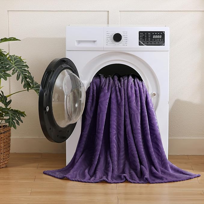 Super Soft Flannel Fleece Throw Blanket, 50 x 60 Inches, Aubergine | Lightweight Cozy Warm Leaves Textured Plush Blanket for Bed Couch Sofa