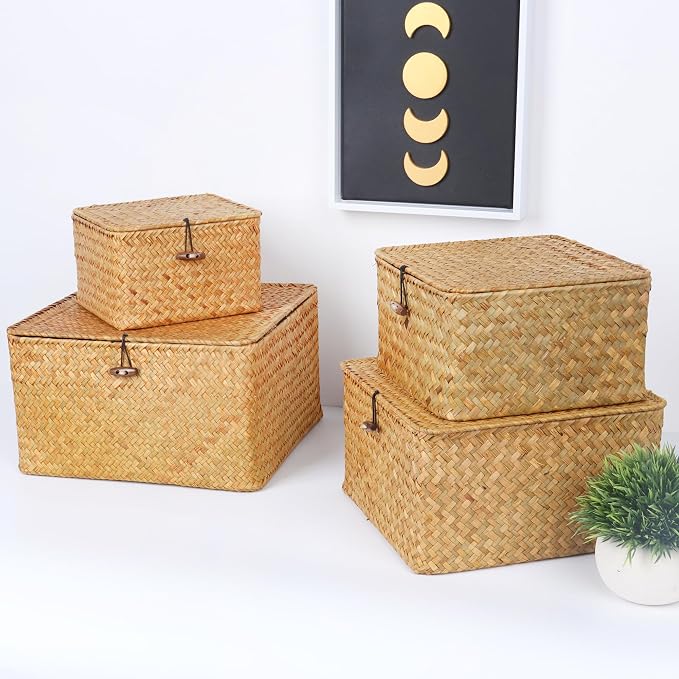 Moosky Wicker Shelf Baskets with Lid, Handwoven Seagrass Storage Basket Bins Square Gift Boxes for Shelves Home Decor Organizer (Natural, Medium)